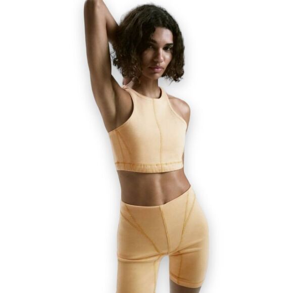 Zara Orange Denim Crop Top & High Waist Bike Shorts Set US XS BNWT - Picture 5 of 16